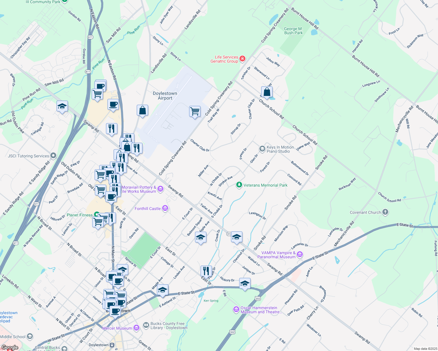map of restaurants, bars, coffee shops, grocery stores, and more near 716 North Chubb Drive in Doylestown