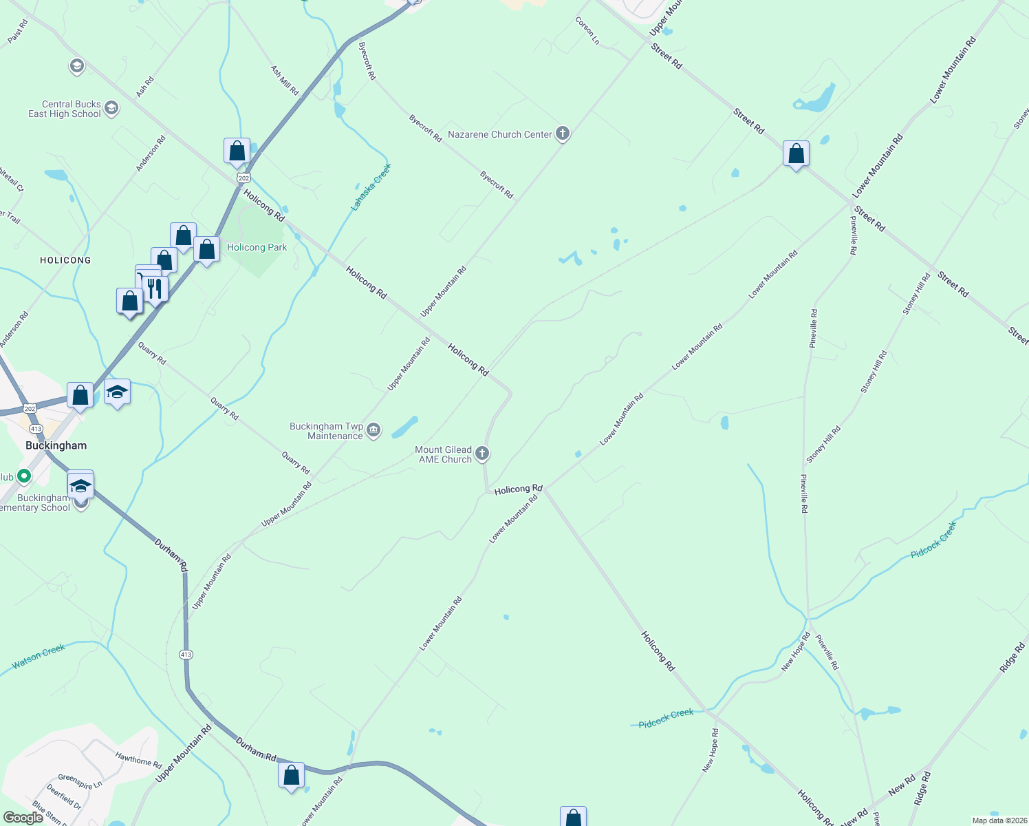 map of restaurants, bars, coffee shops, grocery stores, and more near 2071 Holicong Road in New Hope