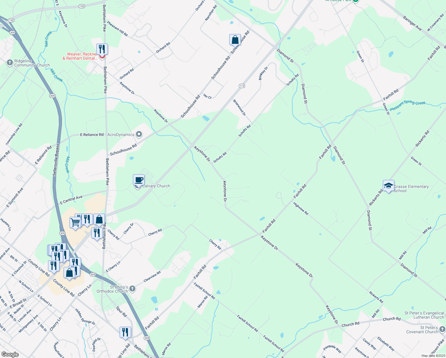 map of restaurants, bars, coffee shops, grocery stores, and more near 1107 Keystone Drive in Sellersville