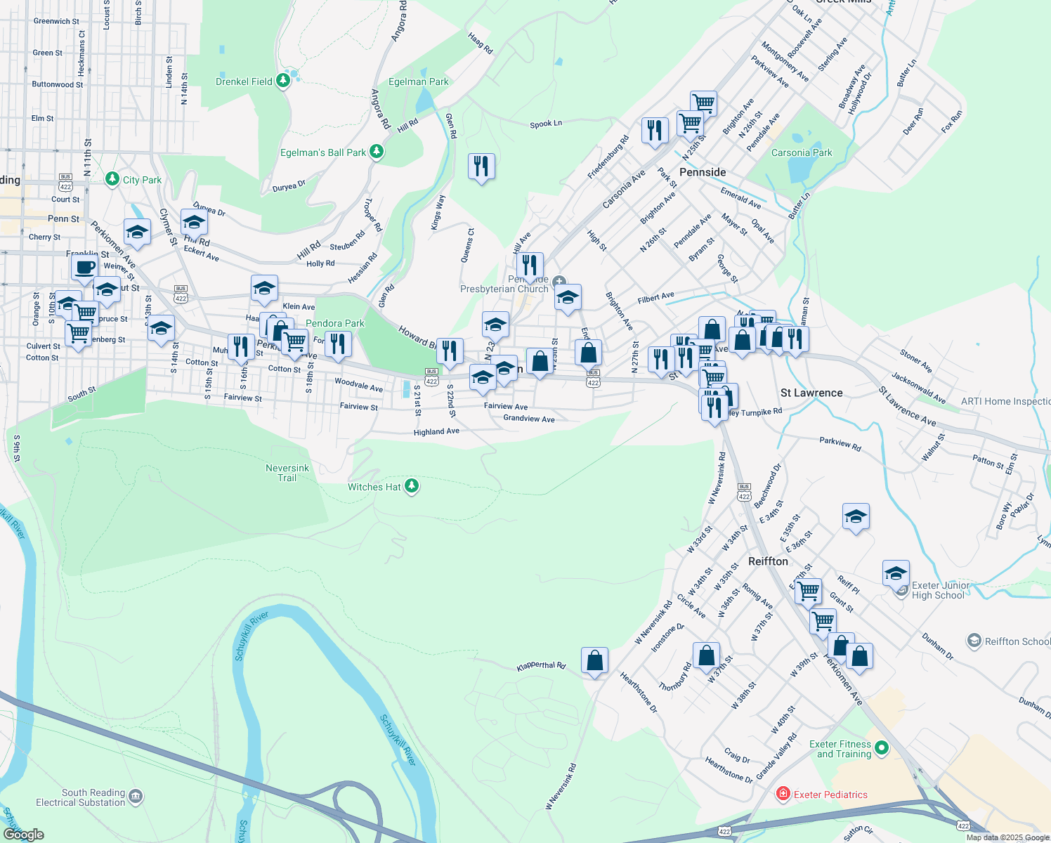 map of restaurants, bars, coffee shops, grocery stores, and more near 2416 Grandview Avenue in Mount Penn