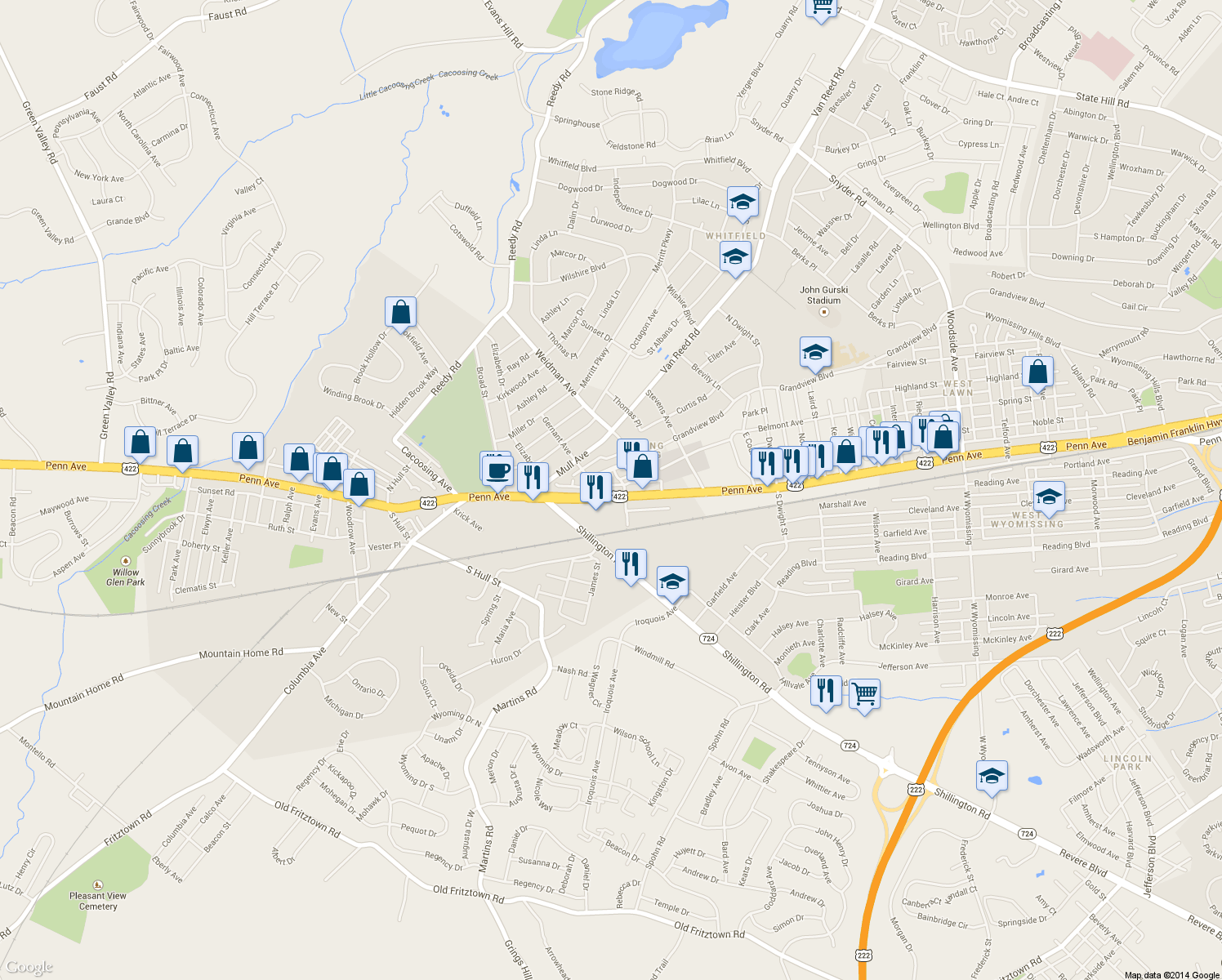 map of restaurants, bars, coffee shops, grocery stores, and more near 3517 Penn Avenue in Sinking Spring