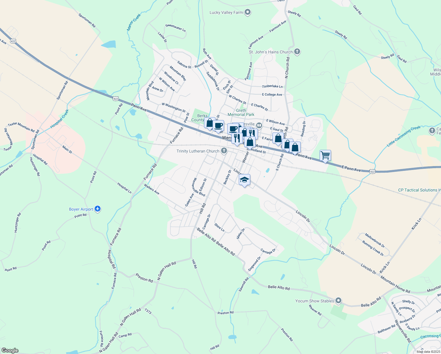 map of restaurants, bars, coffee shops, grocery stores, and more near 317 Hill Rd in Wernersville