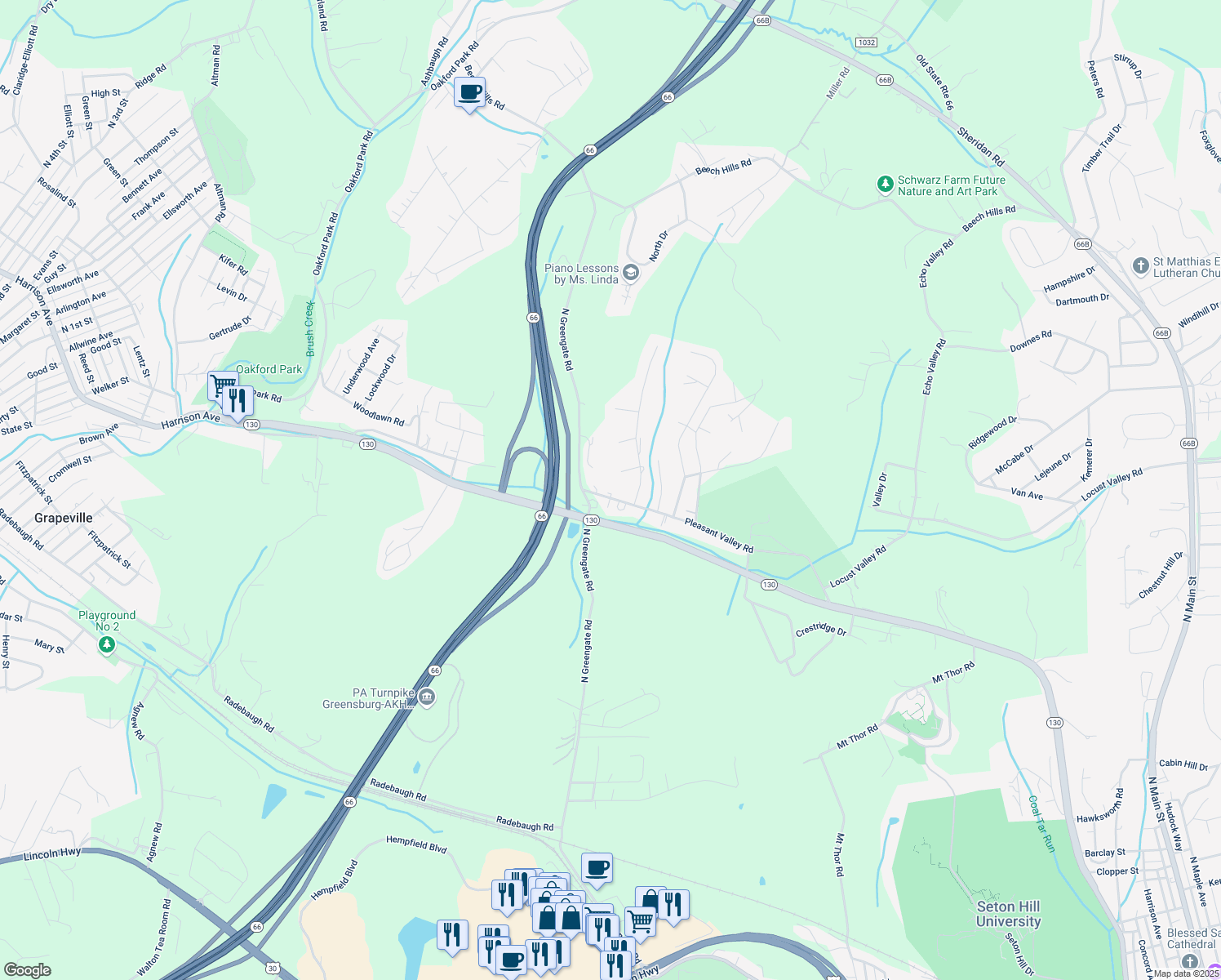 map of restaurants, bars, coffee shops, grocery stores, and more near 221 Pleasant Valley Road in Jeannette
