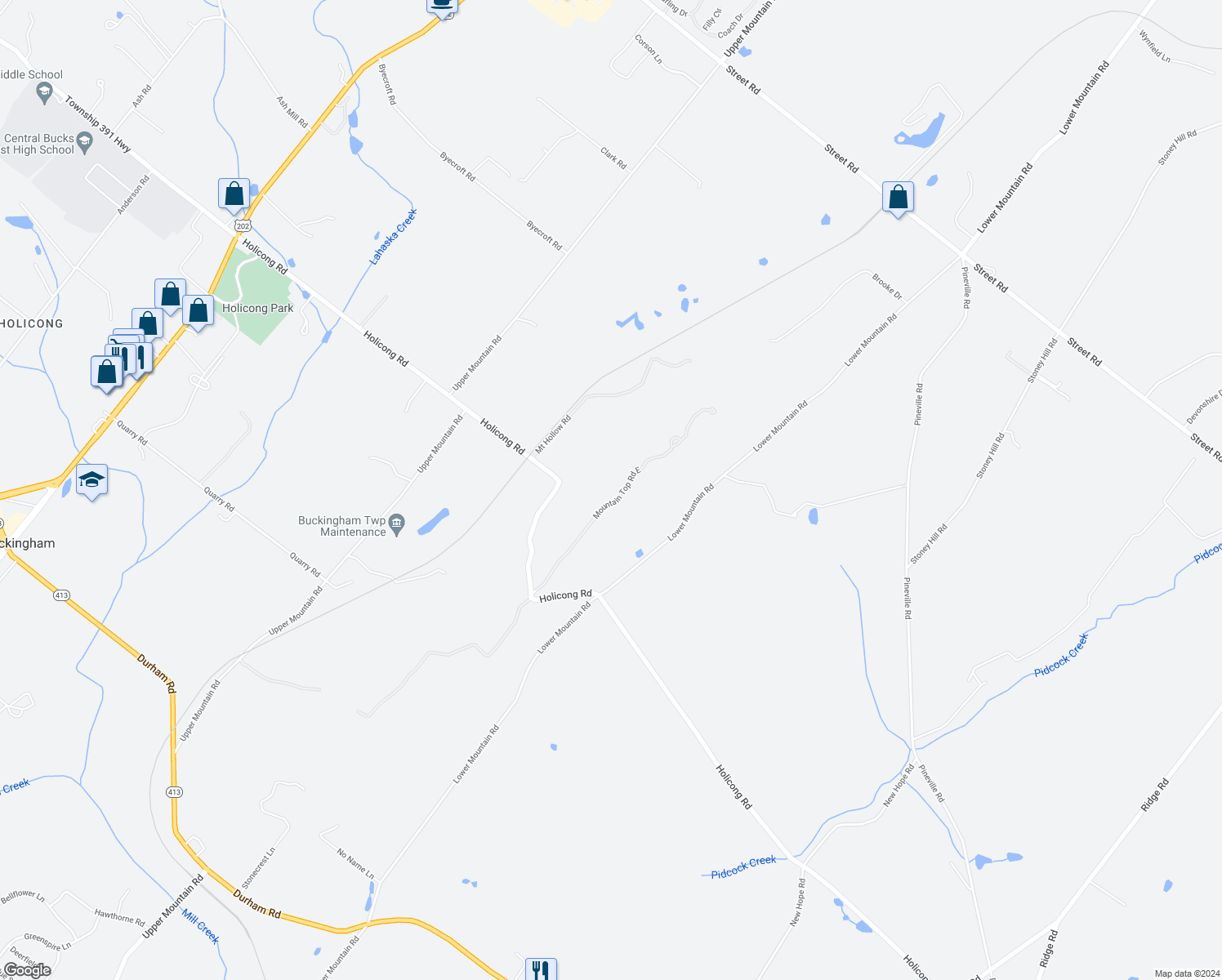 map of restaurants, bars, coffee shops, grocery stores, and more near 5252 Mountain Top Road East in New Hope