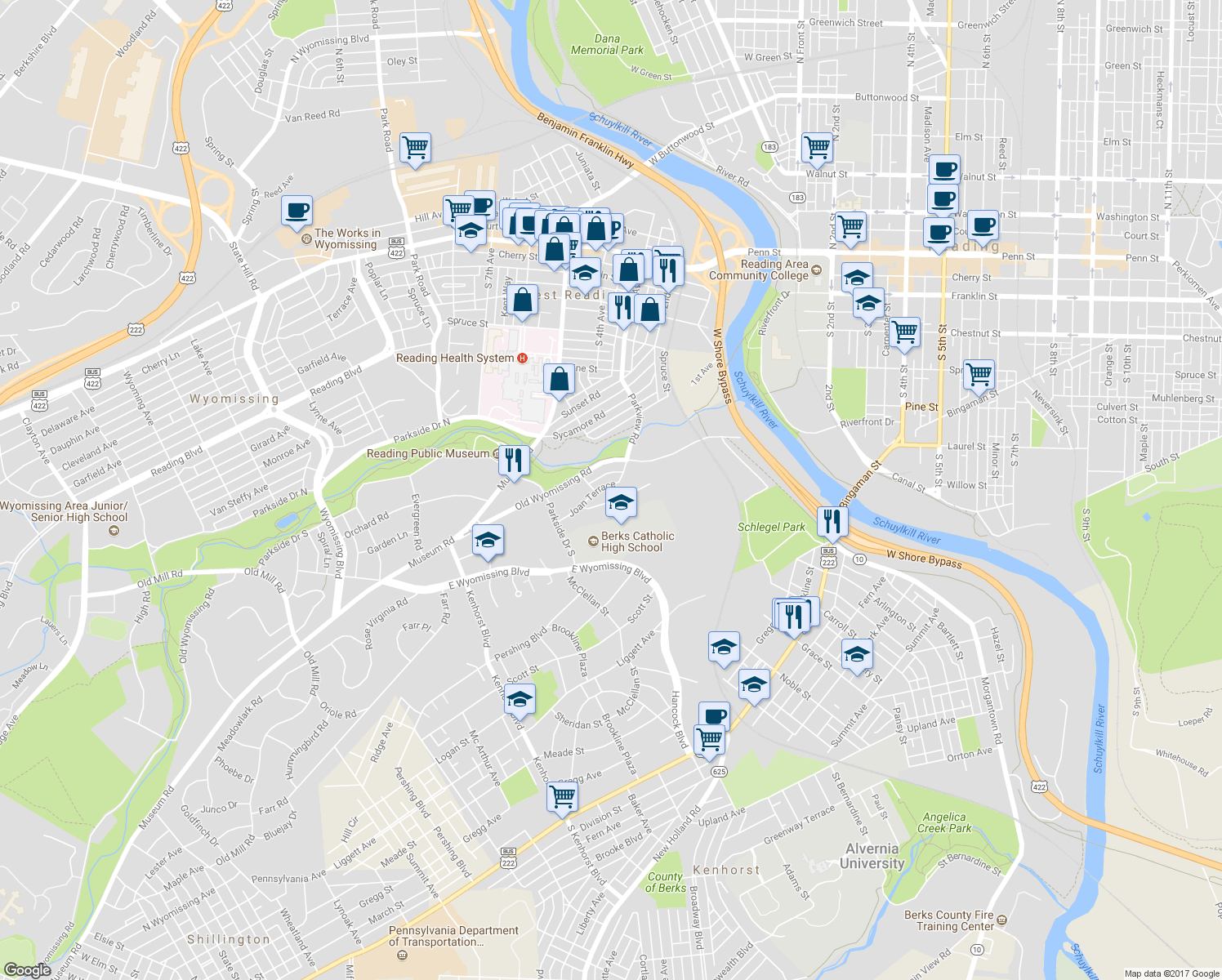 map of restaurants, bars, coffee shops, grocery stores, and more near 814 Joan Terrace in Reading