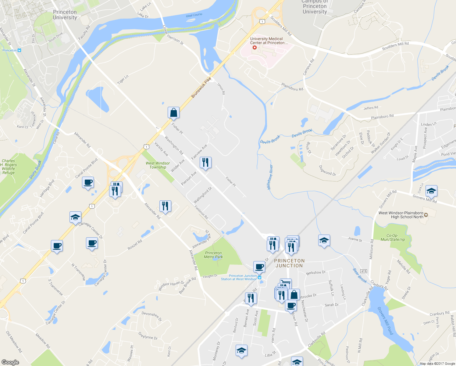 map of restaurants, bars, coffee shops, grocery stores, and more near 4 Manor Avenue in Princeton