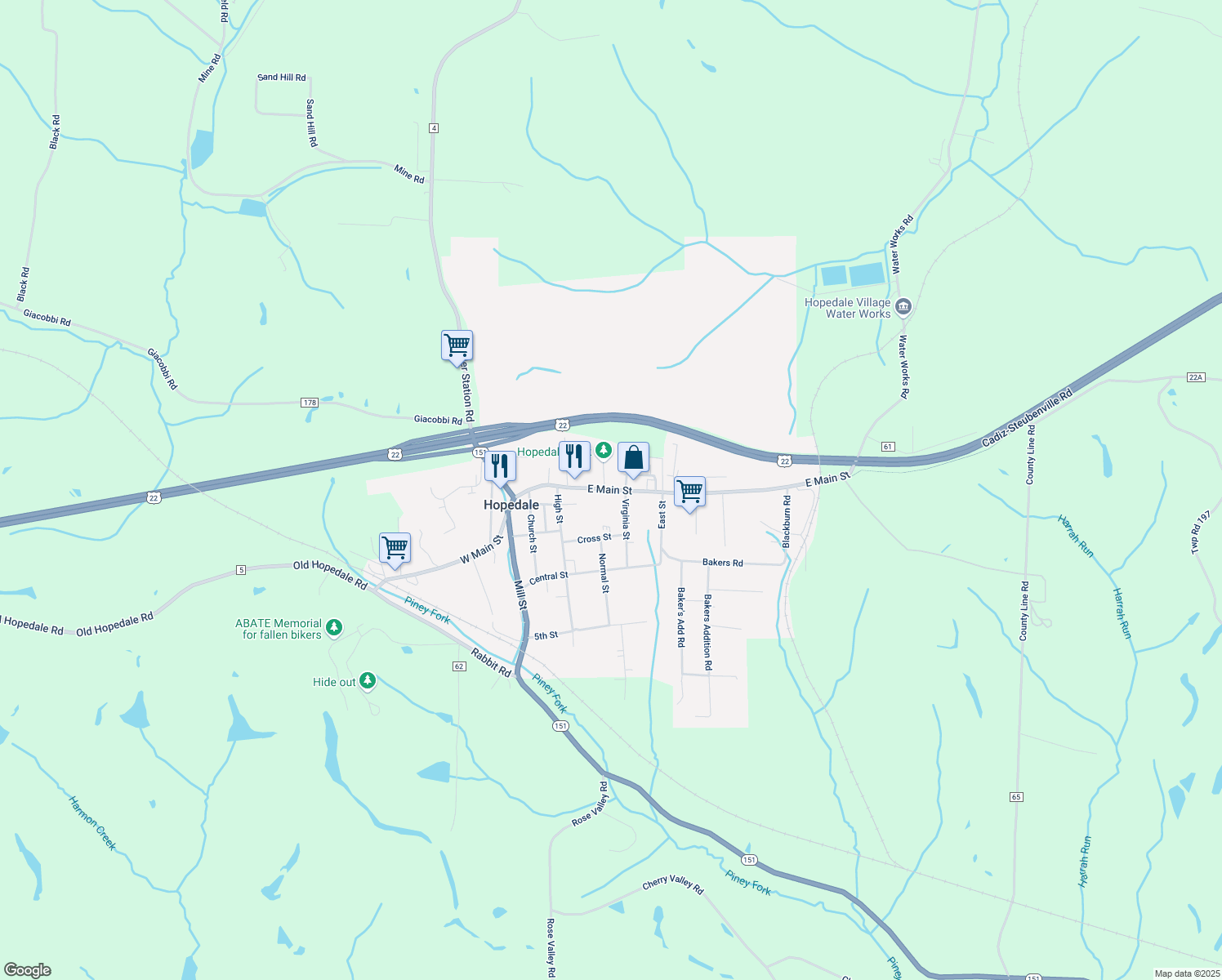 map of restaurants, bars, coffee shops, grocery stores, and more near 177 East Main Street in Hopedale