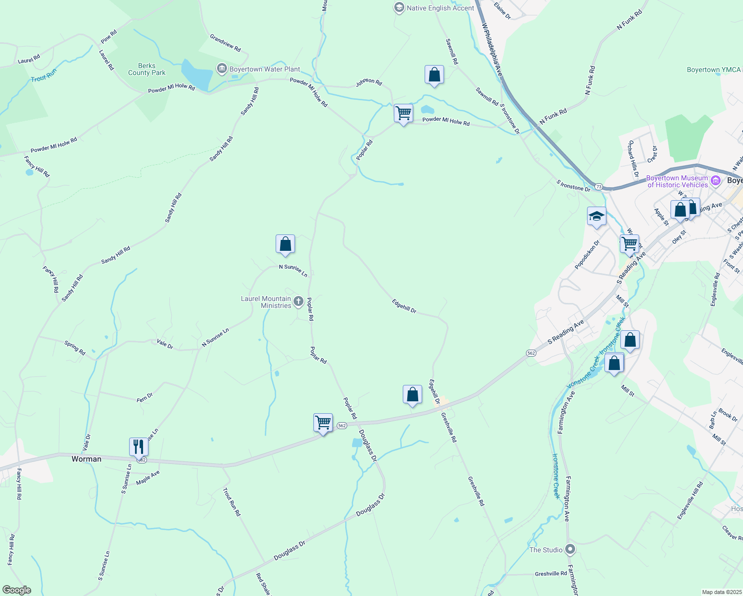 map of restaurants, bars, coffee shops, grocery stores, and more near 162 Edgehill Drive in Boyertown