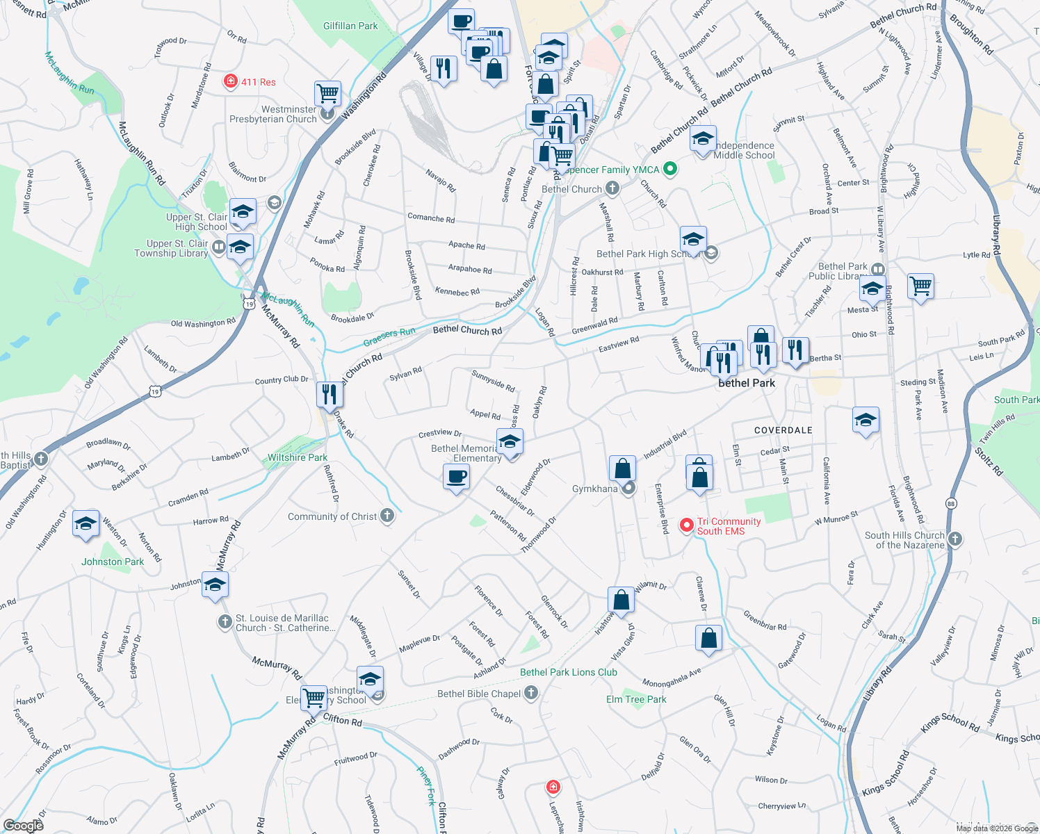 map of restaurants, bars, coffee shops, grocery stores, and more near 259 Voss Rd in Bethel Park