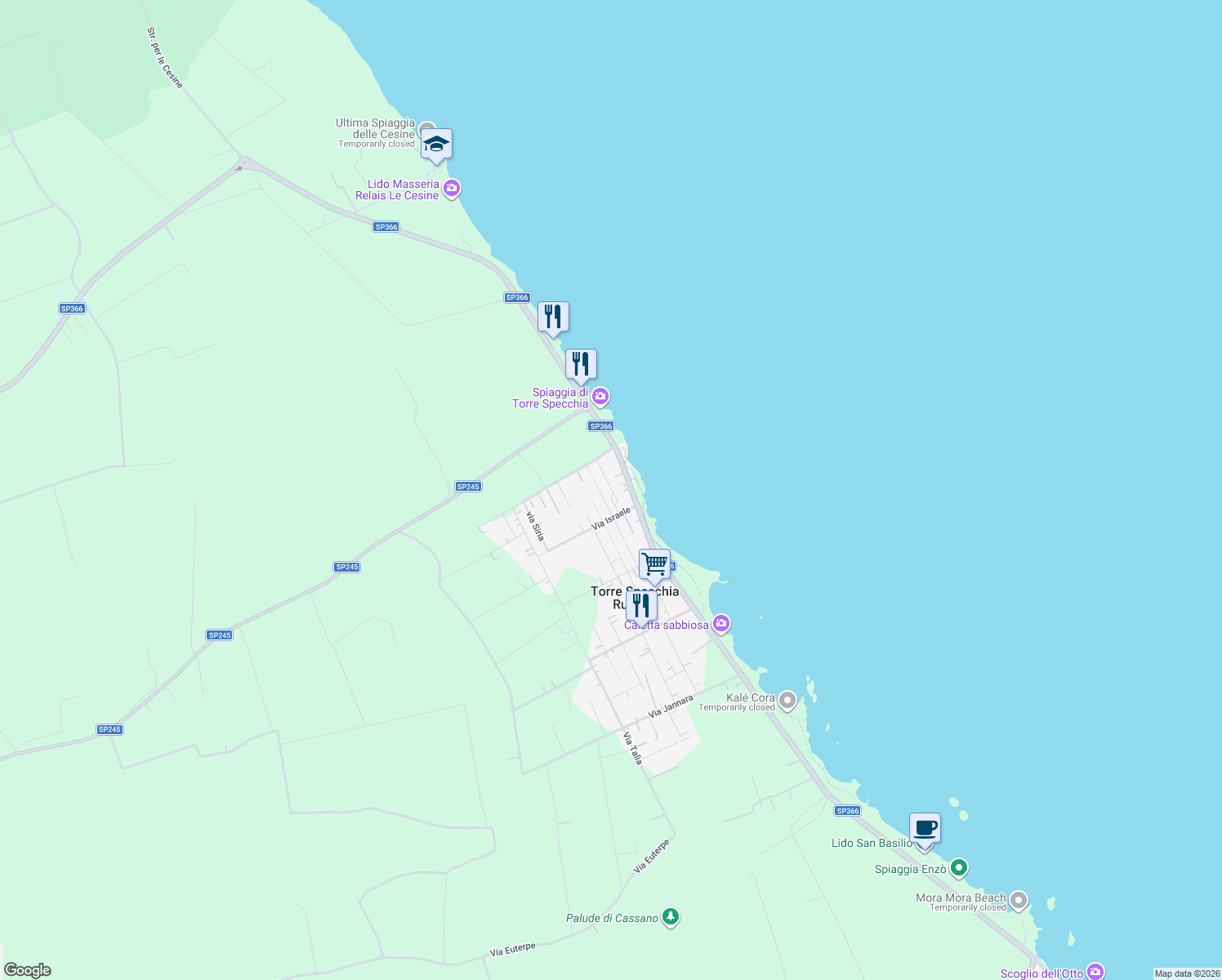 map of restaurants, bars, coffee shops, grocery stores, and more near 63 SP366 in Torre Specchia Ruggeri