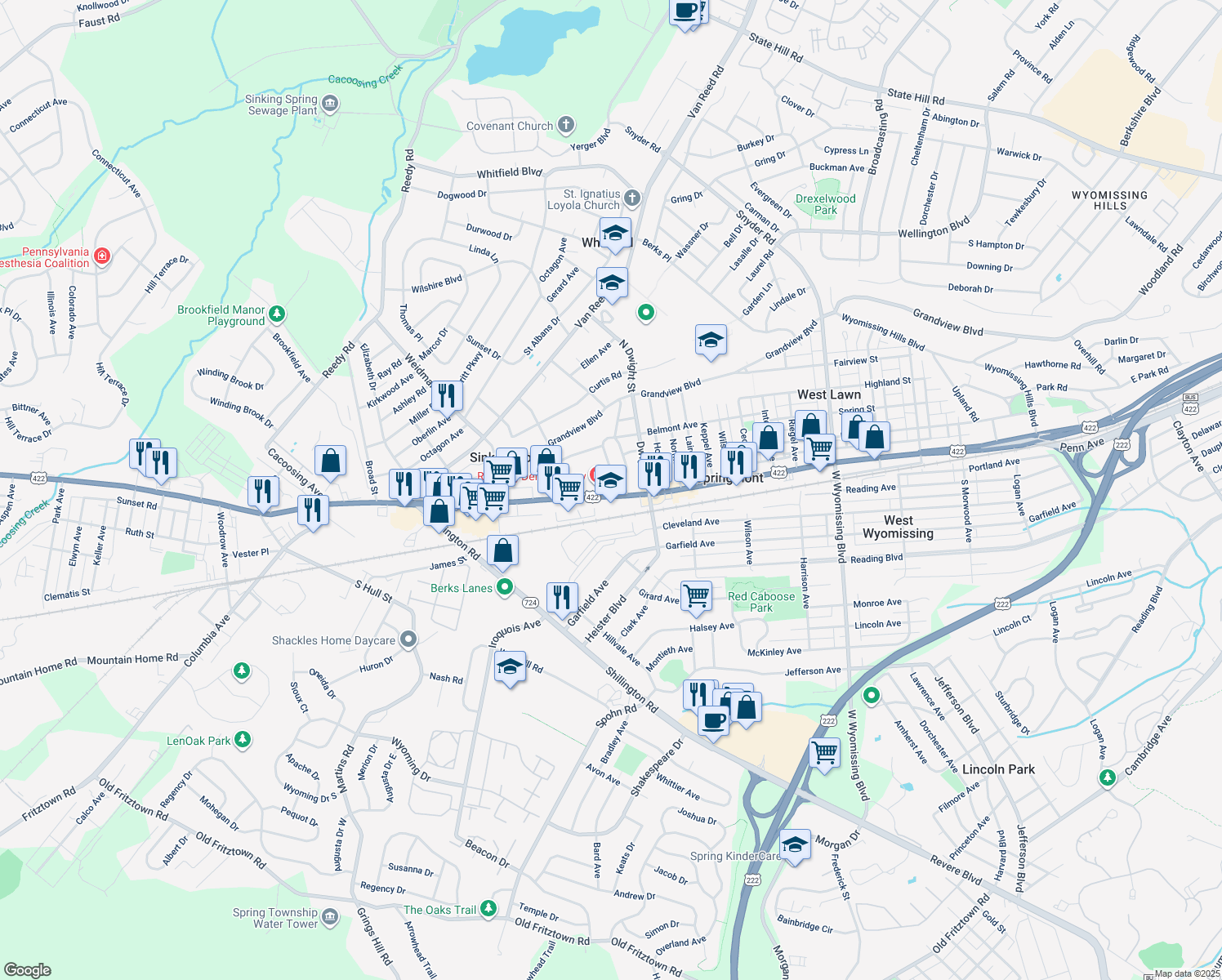 map of restaurants, bars, coffee shops, grocery stores, and more near 3305 Penn Avenue in West Lawn