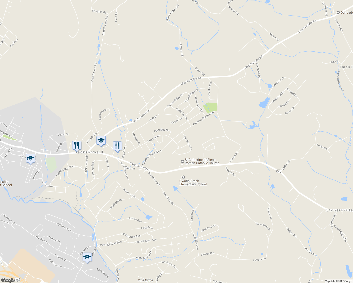 map of restaurants, bars, coffee shops, grocery stores, and more near 4901 Mayapple Lane in Reading