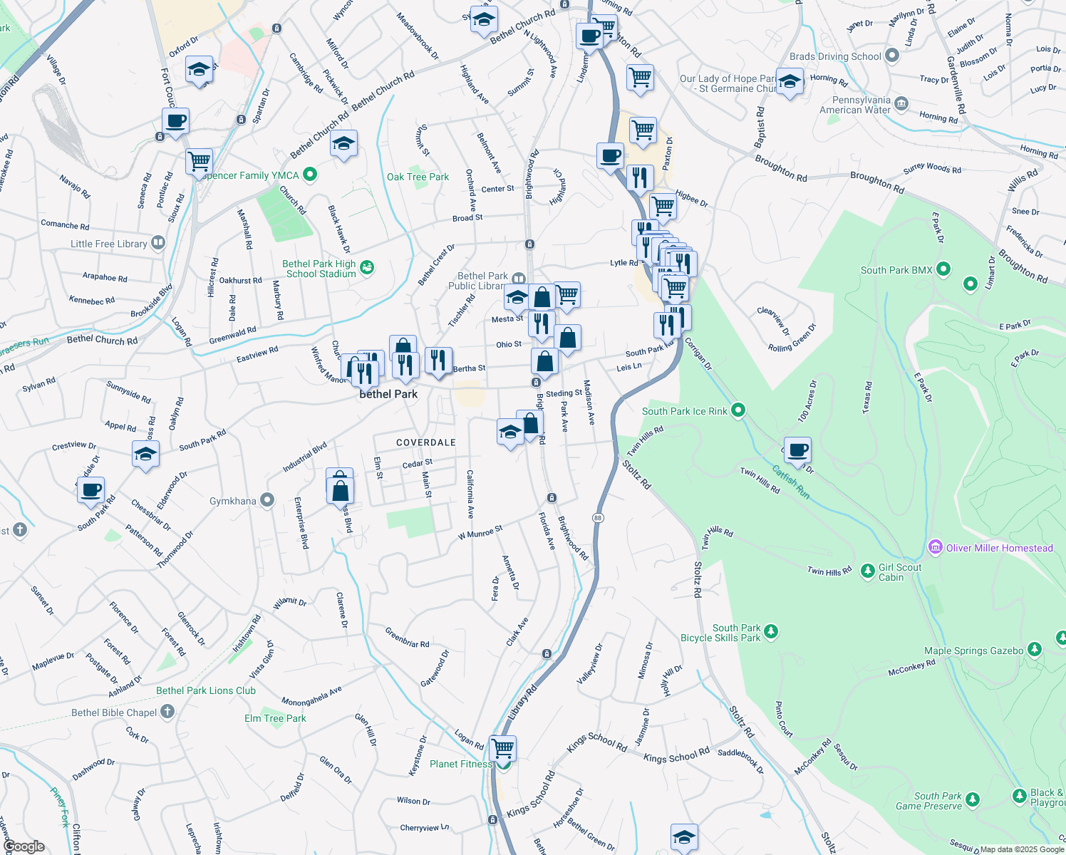 map of restaurants, bars, coffee shops, grocery stores, and more near 5365 Florida Ave in Bethel Park