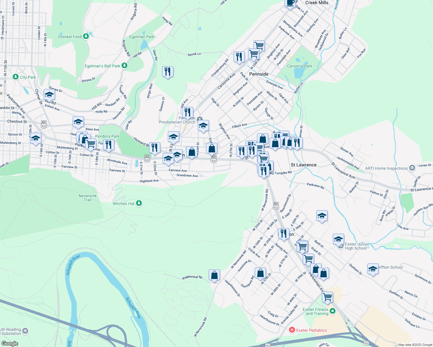 map of restaurants, bars, coffee shops, grocery stores, and more near 2604 Fairview Avenue in Mount Penn