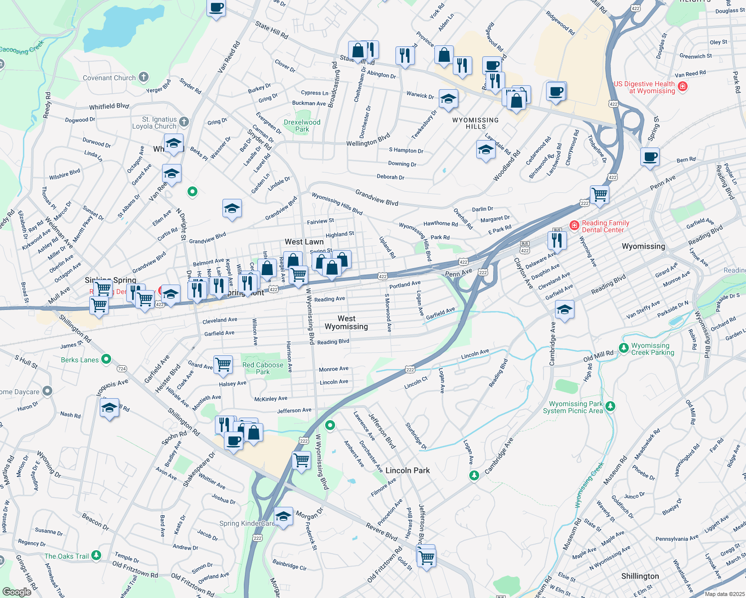 map of restaurants, bars, coffee shops, grocery stores, and more near 2130 Reading Avenue in West Lawn