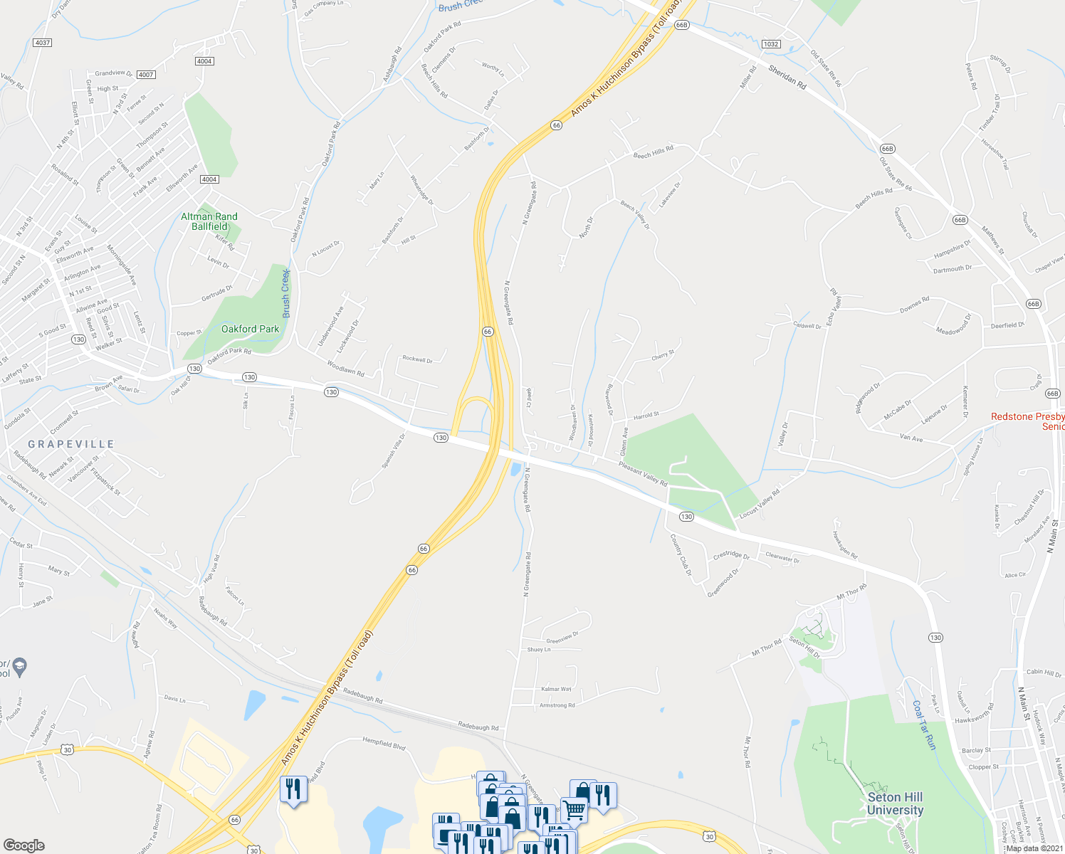 map of restaurants, bars, coffee shops, grocery stores, and more near 207 Pleasant Valley Road in Jeannette