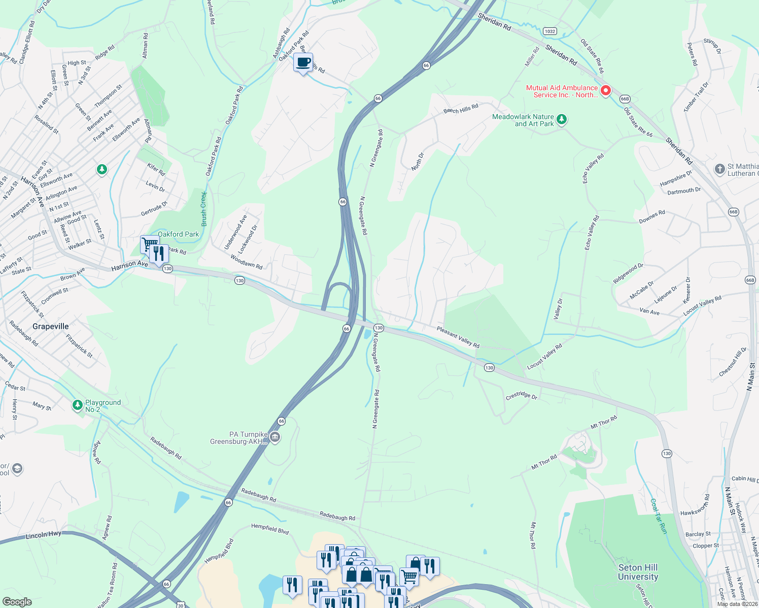 map of restaurants, bars, coffee shops, grocery stores, and more near 207 Pleasant Valley Road in Jeannette