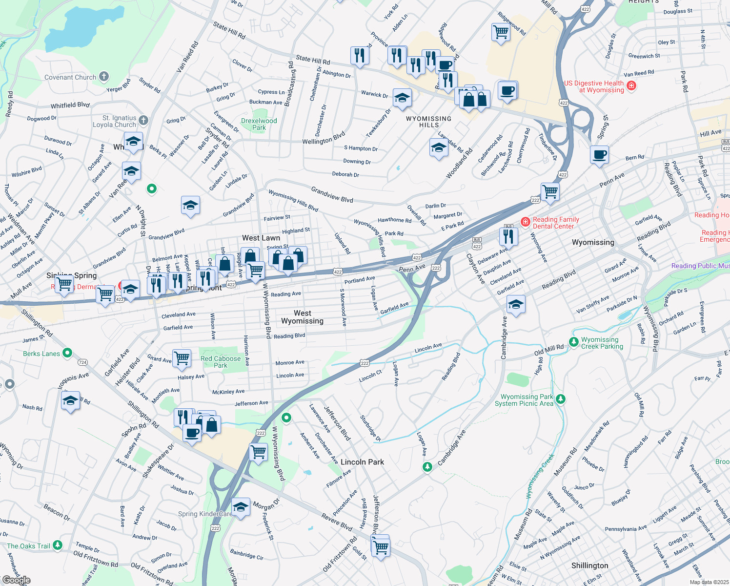 map of restaurants, bars, coffee shops, grocery stores, and more near 2030 Reading Avenue in West Lawn