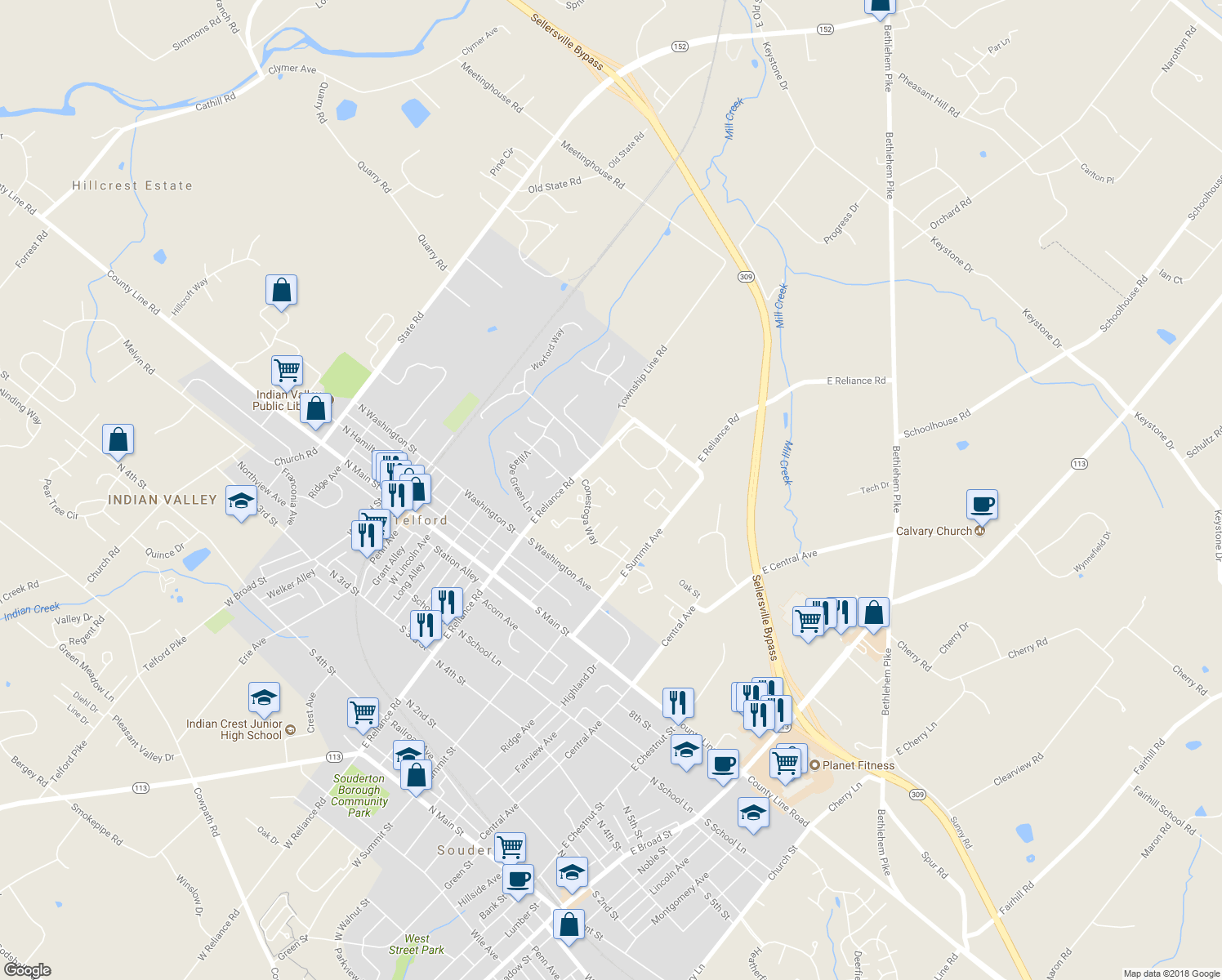 map of restaurants, bars, coffee shops, grocery stores, and more near 52 Reliance Court in Telford