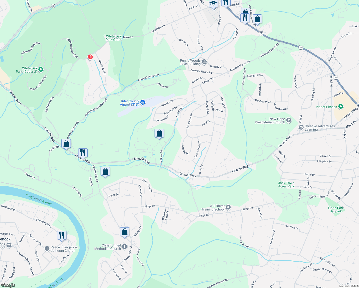 map of restaurants, bars, coffee shops, grocery stores, and more near 1988 Bernice Dr in Irwin