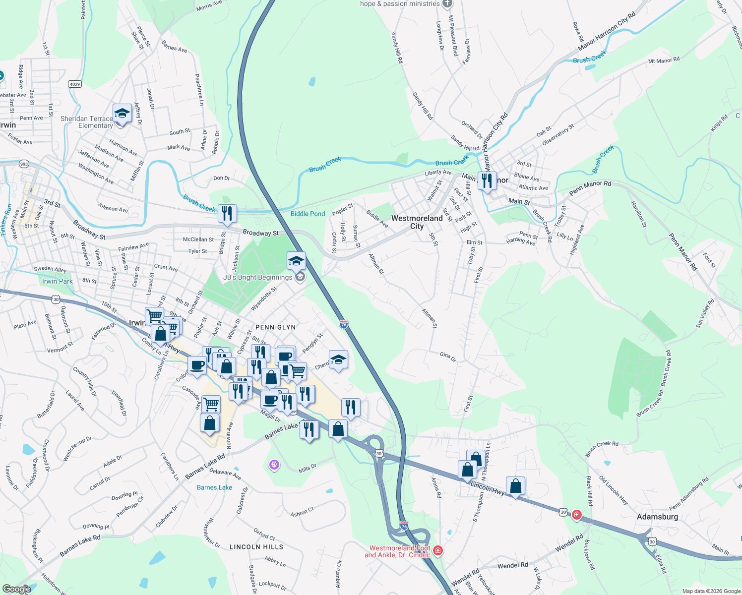 map of restaurants, bars, coffee shops, grocery stores, and more near 930 Castleview Drive in Irwin
