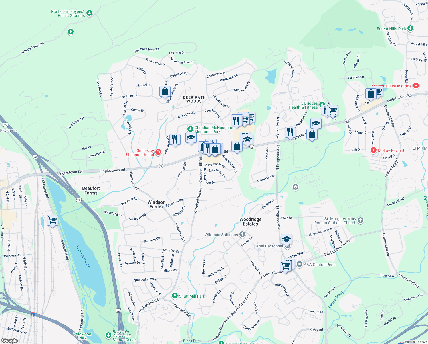map of restaurants, bars, coffee shops, grocery stores, and more near 2017 Mount Vernon Circle in Harrisburg
