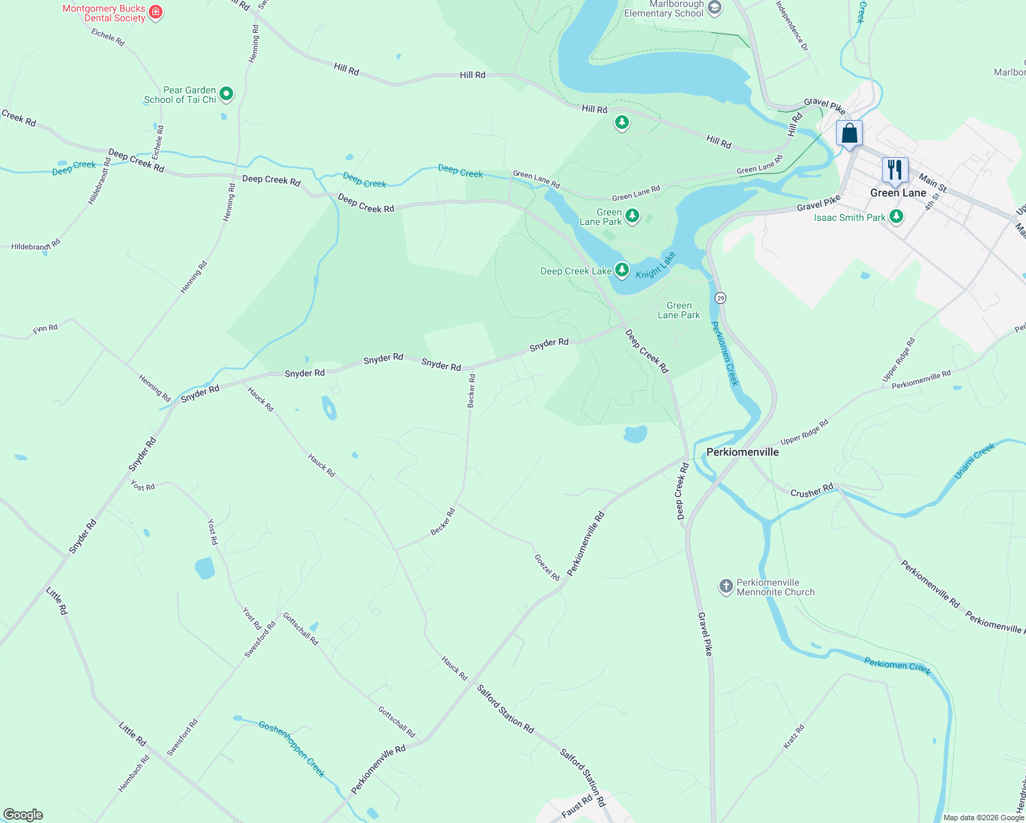 map of restaurants, bars, coffee shops, grocery stores, and more near 1742 Becker Road in Green Lane