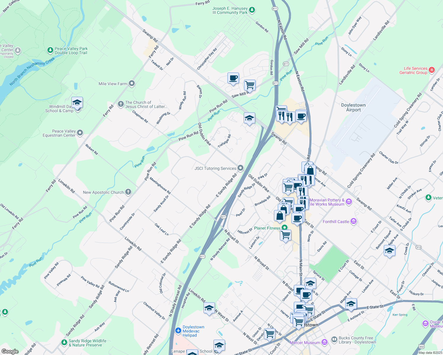 map of restaurants, bars, coffee shops, grocery stores, and more near 23 Sandy Knoll Drive in Doylestown