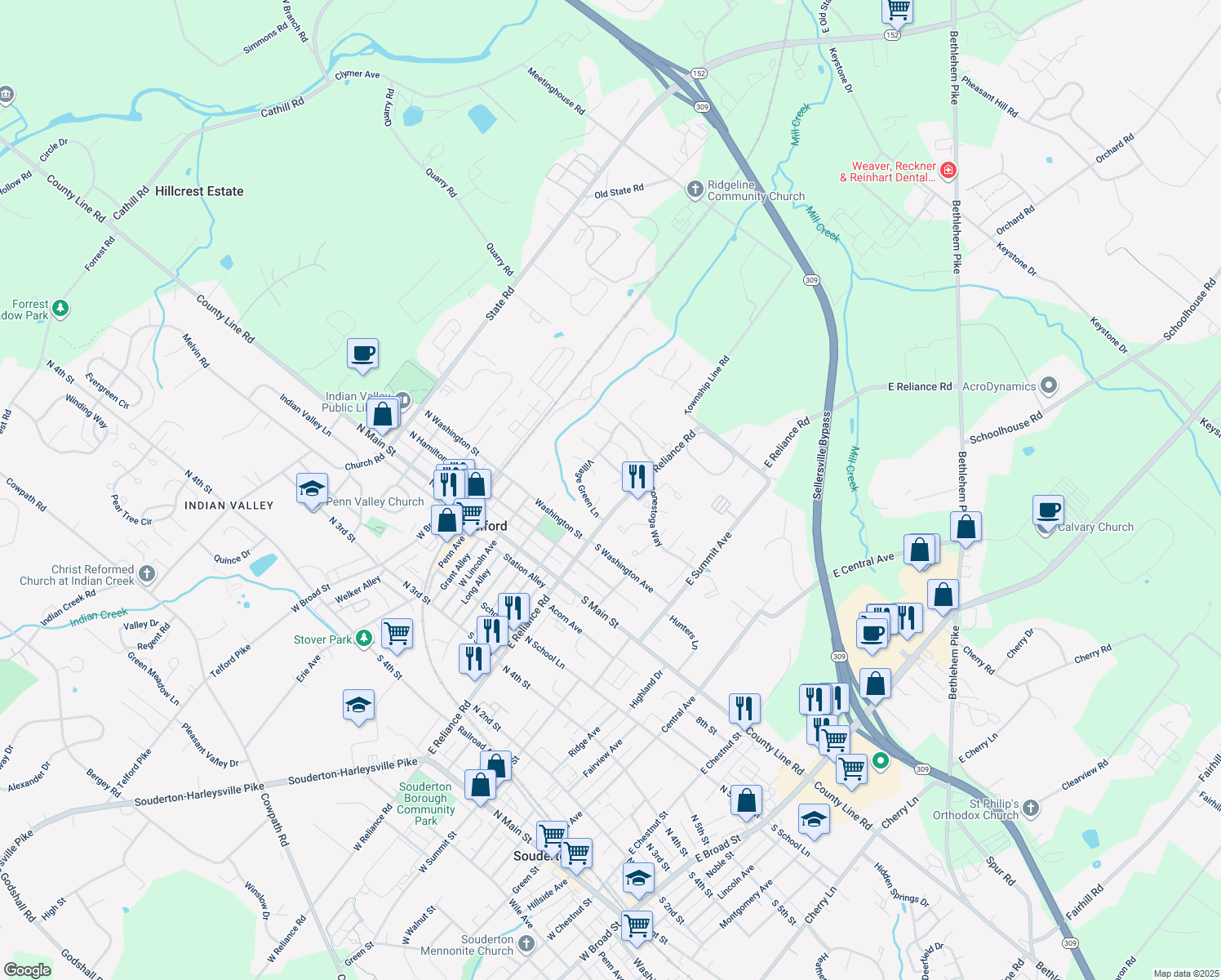 map of restaurants, bars, coffee shops, grocery stores, and more near 54 Hilltop Circle in Telford
