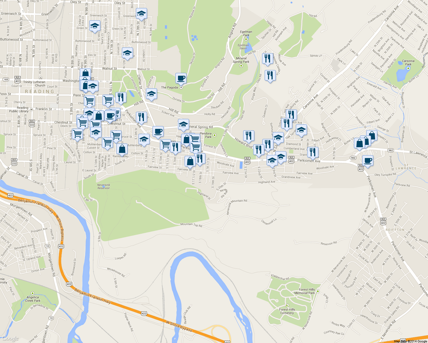 map of restaurants, bars, coffee shops, grocery stores, and more near 601 South 19th Street in Reading