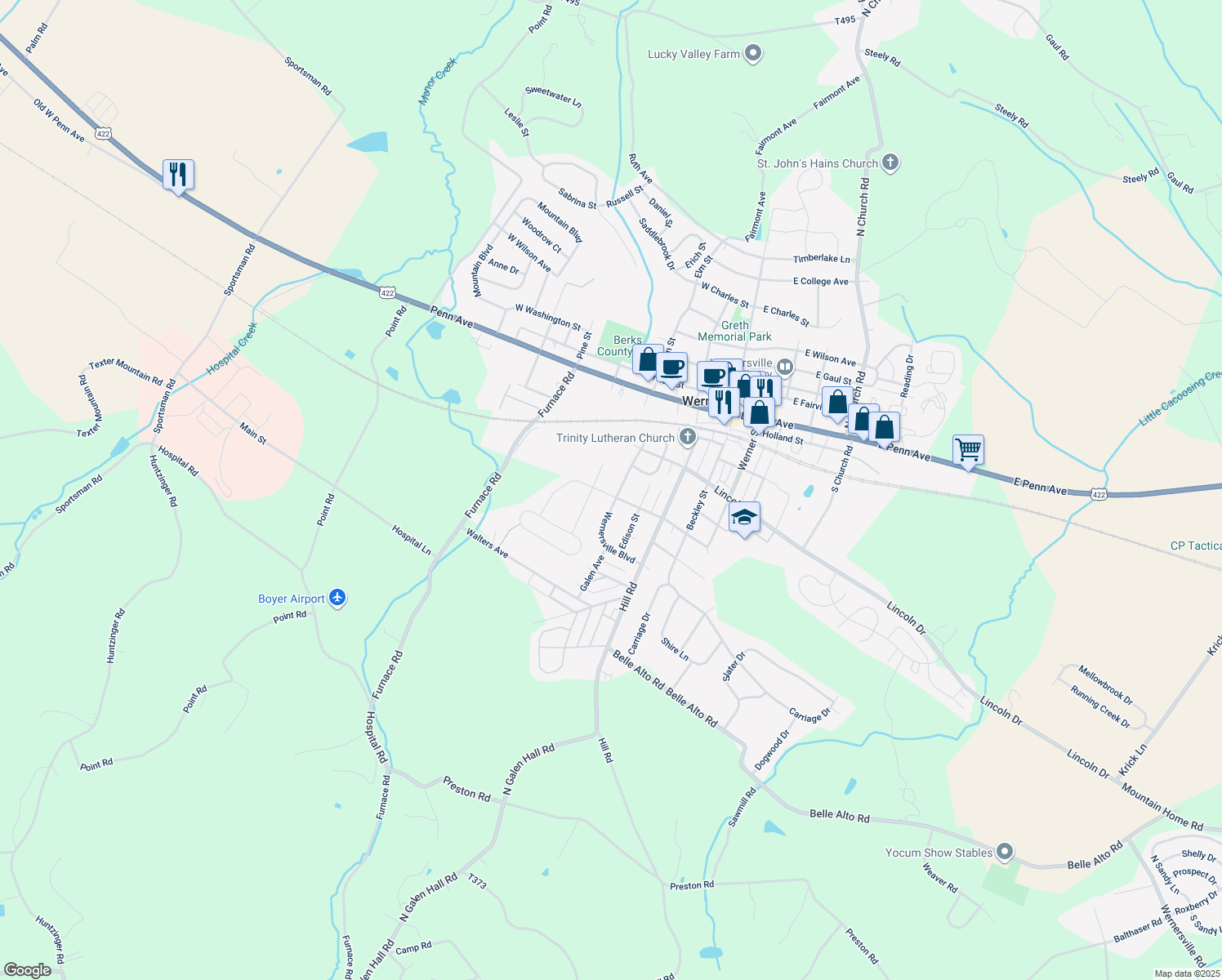 map of restaurants, bars, coffee shops, grocery stores, and more near 334 Wernersville Boulevard in Wernersville
