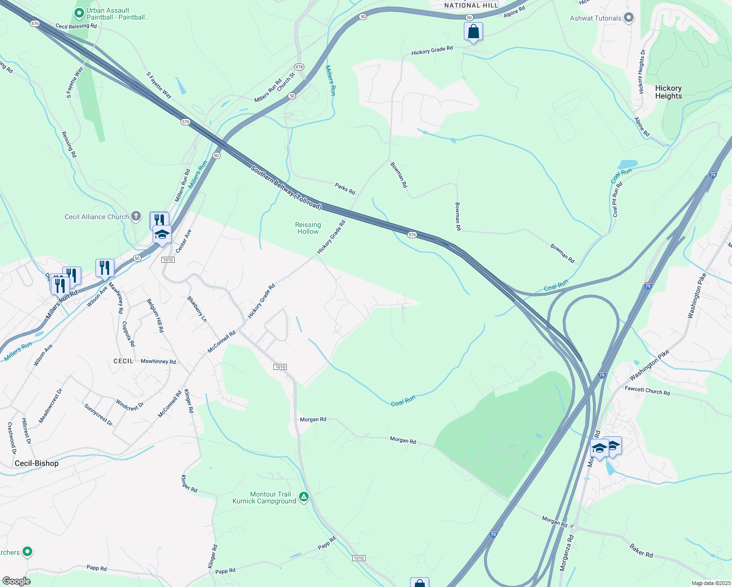 map of restaurants, bars, coffee shops, grocery stores, and more near 103 Karmann Road in Canonsburg