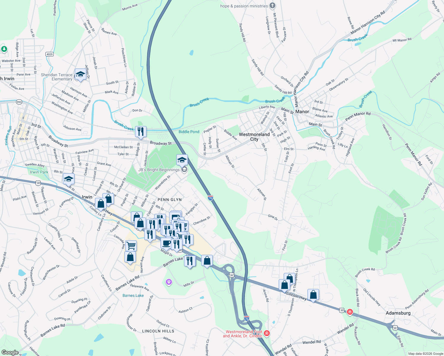 map of restaurants, bars, coffee shops, grocery stores, and more near 930 Castleview Drive in Irwin