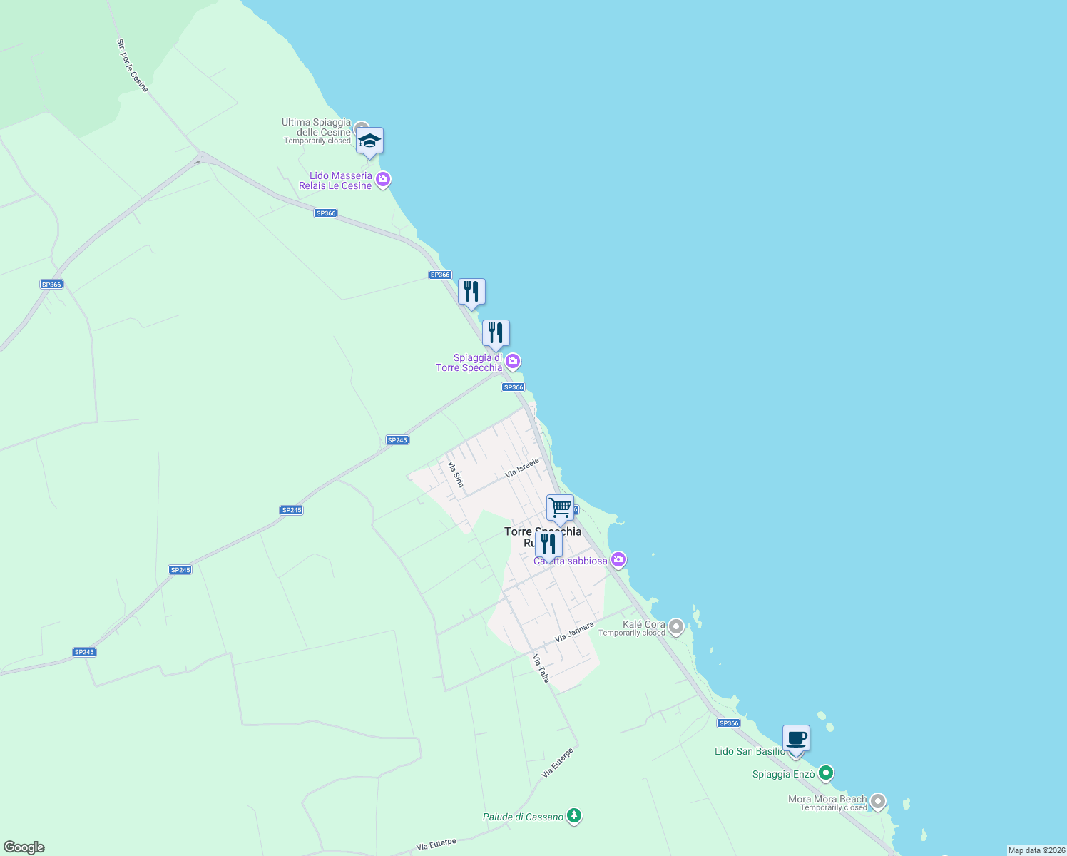 map of restaurants, bars, coffee shops, grocery stores, and more near 63 SP366 in Torre Specchia Ruggeri