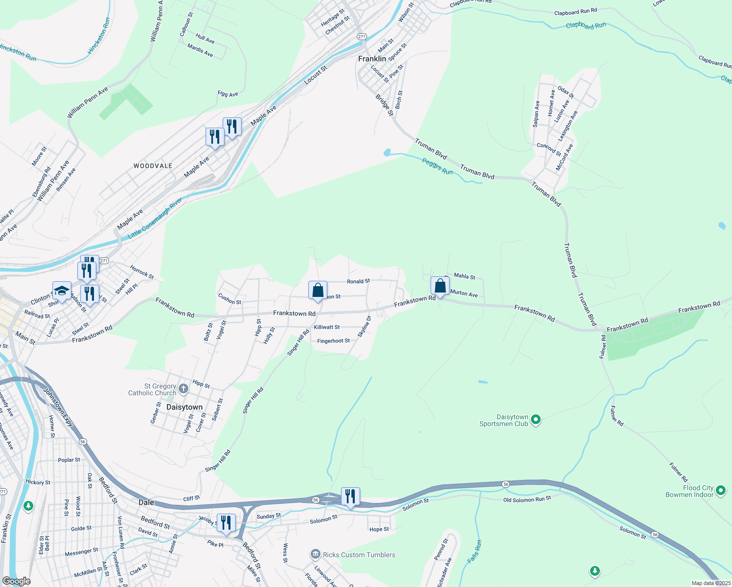 map of restaurants, bars, coffee shops, grocery stores, and more near 127 Skyline Dr in Johnstown
