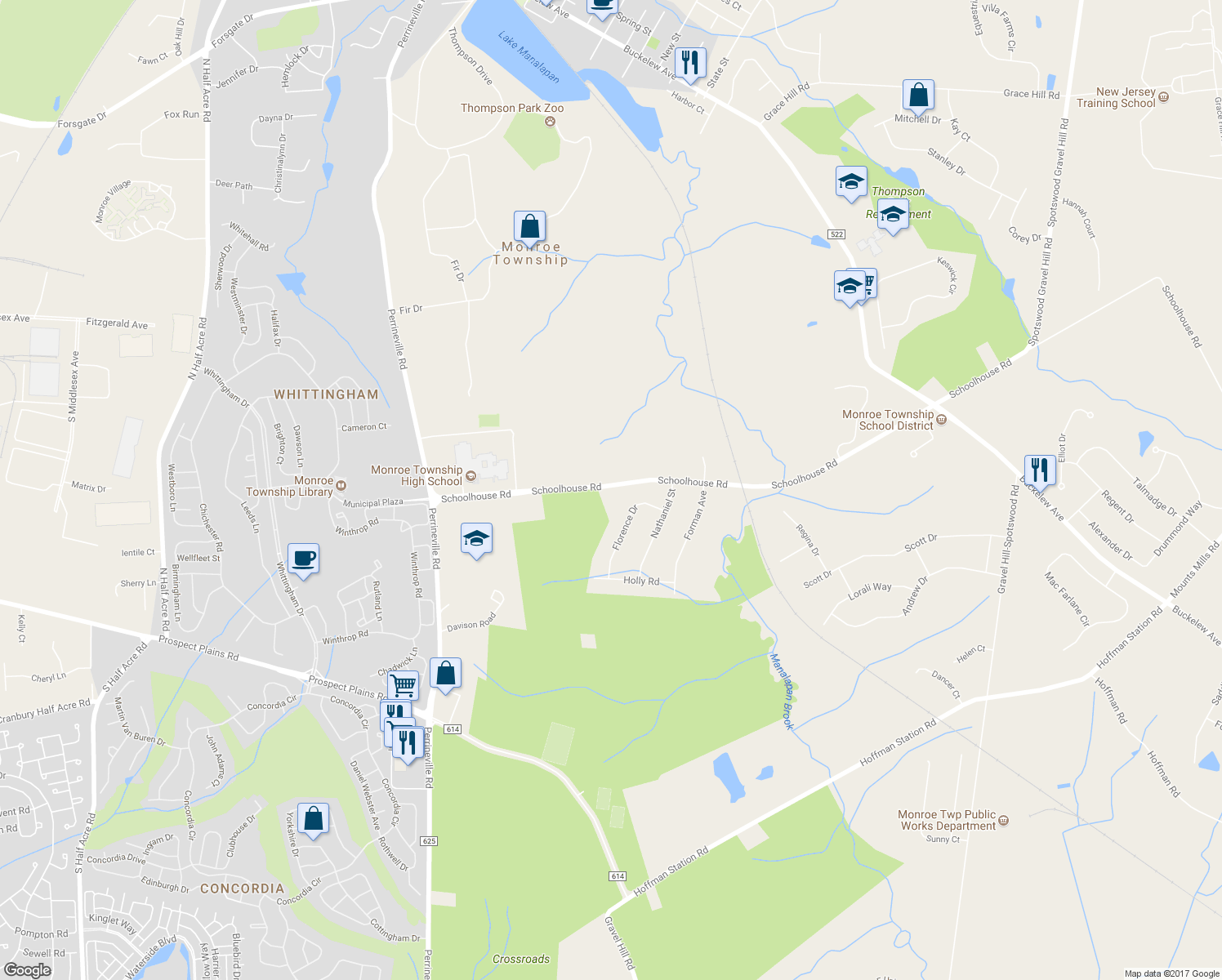 map of restaurants, bars, coffee shops, grocery stores, and more near 281 Schoolhouse Road in Monroe Township