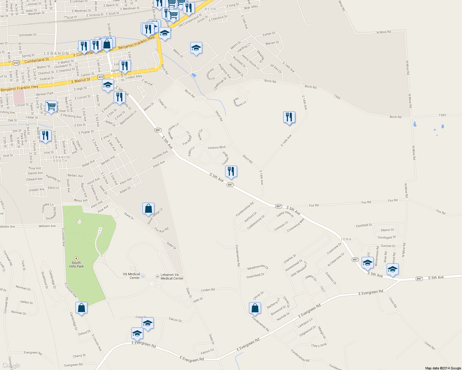 map of restaurants, bars, coffee shops, grocery stores, and more near 1215 South 5th Avenue in Lebanon