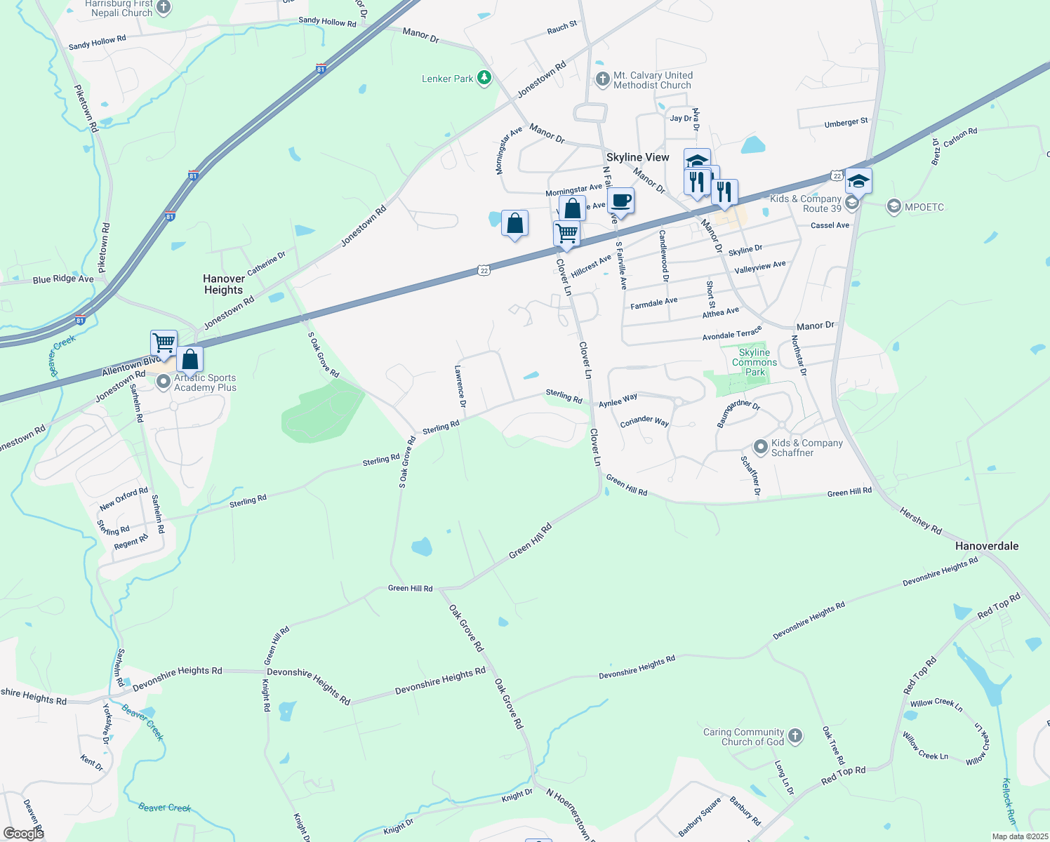 map of restaurants, bars, coffee shops, grocery stores, and more near 7319 Main Street in Harrisburg