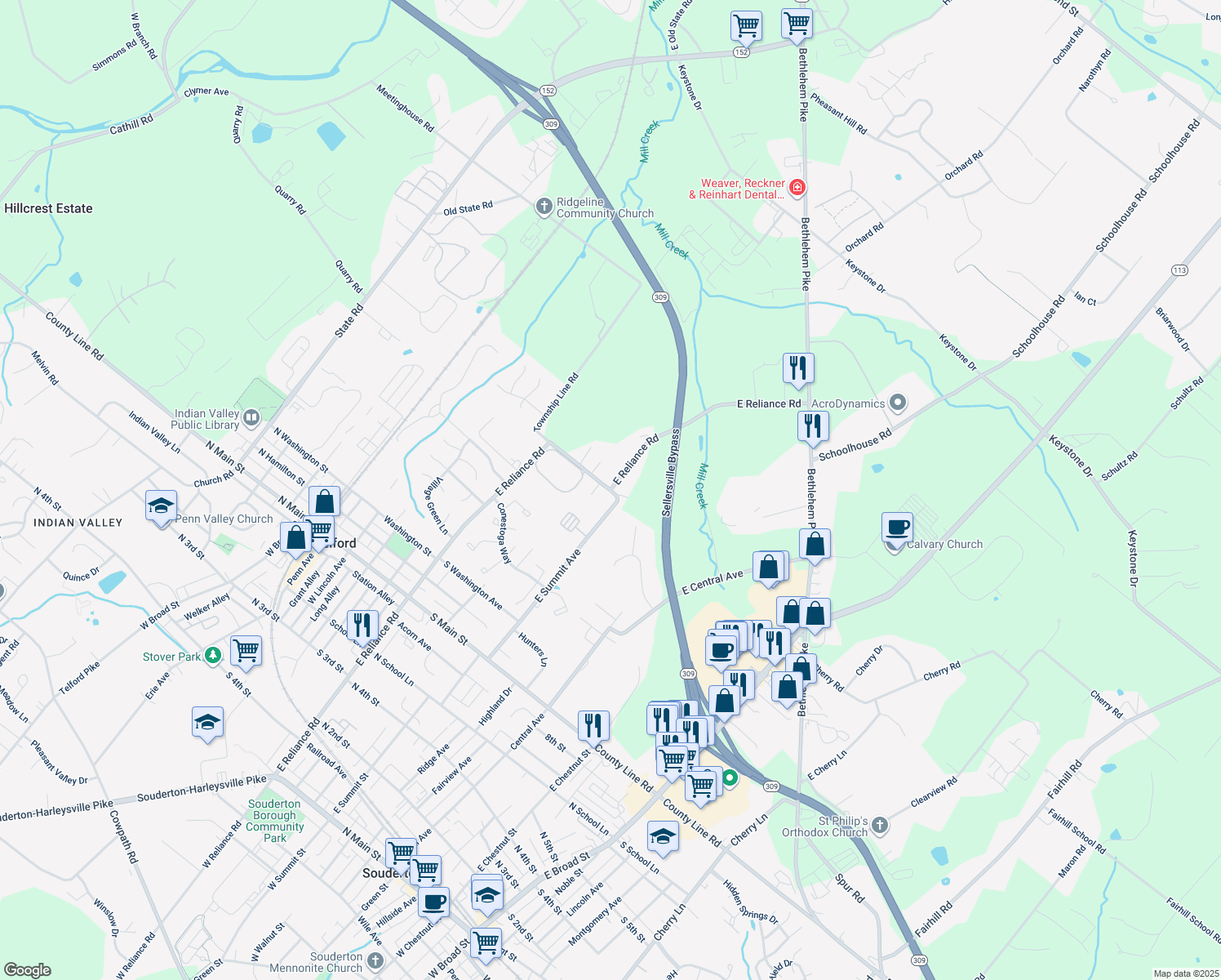 map of restaurants, bars, coffee shops, grocery stores, and more near East Reliance Road in Telford