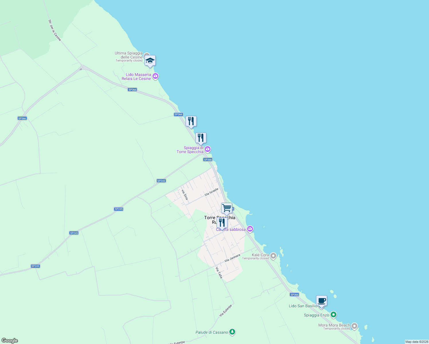 map of restaurants, bars, coffee shops, grocery stores, and more near Strada Provinciale 366 in Torre Specchia Ruggeri
