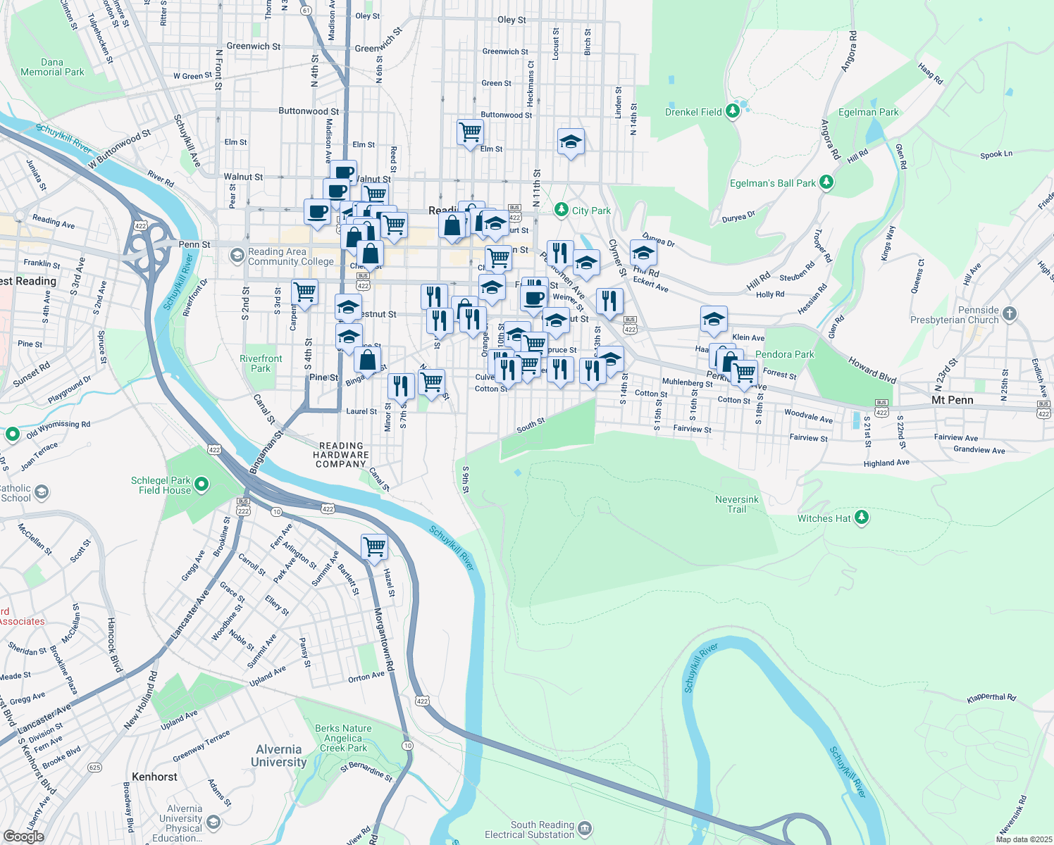 map of restaurants, bars, coffee shops, grocery stores, and more near 570 South 11th Street in Reading