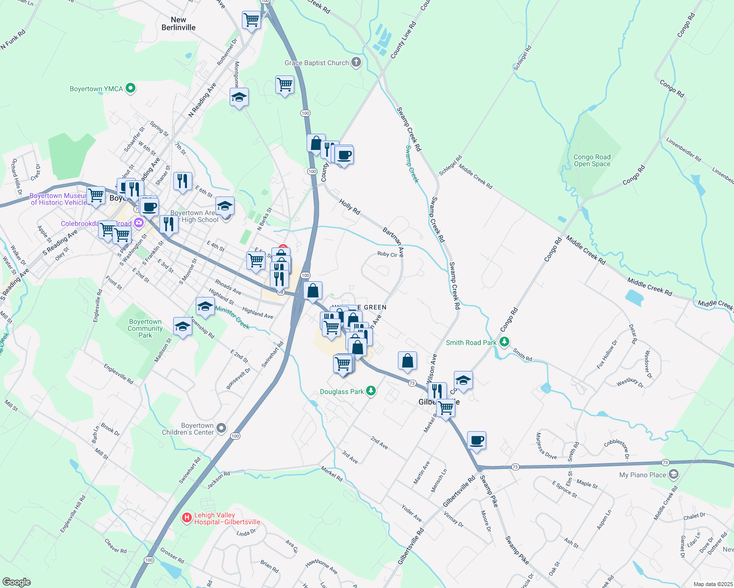map of restaurants, bars, coffee shops, grocery stores, and more near 1408 Village Green Dr in Gilbertsville