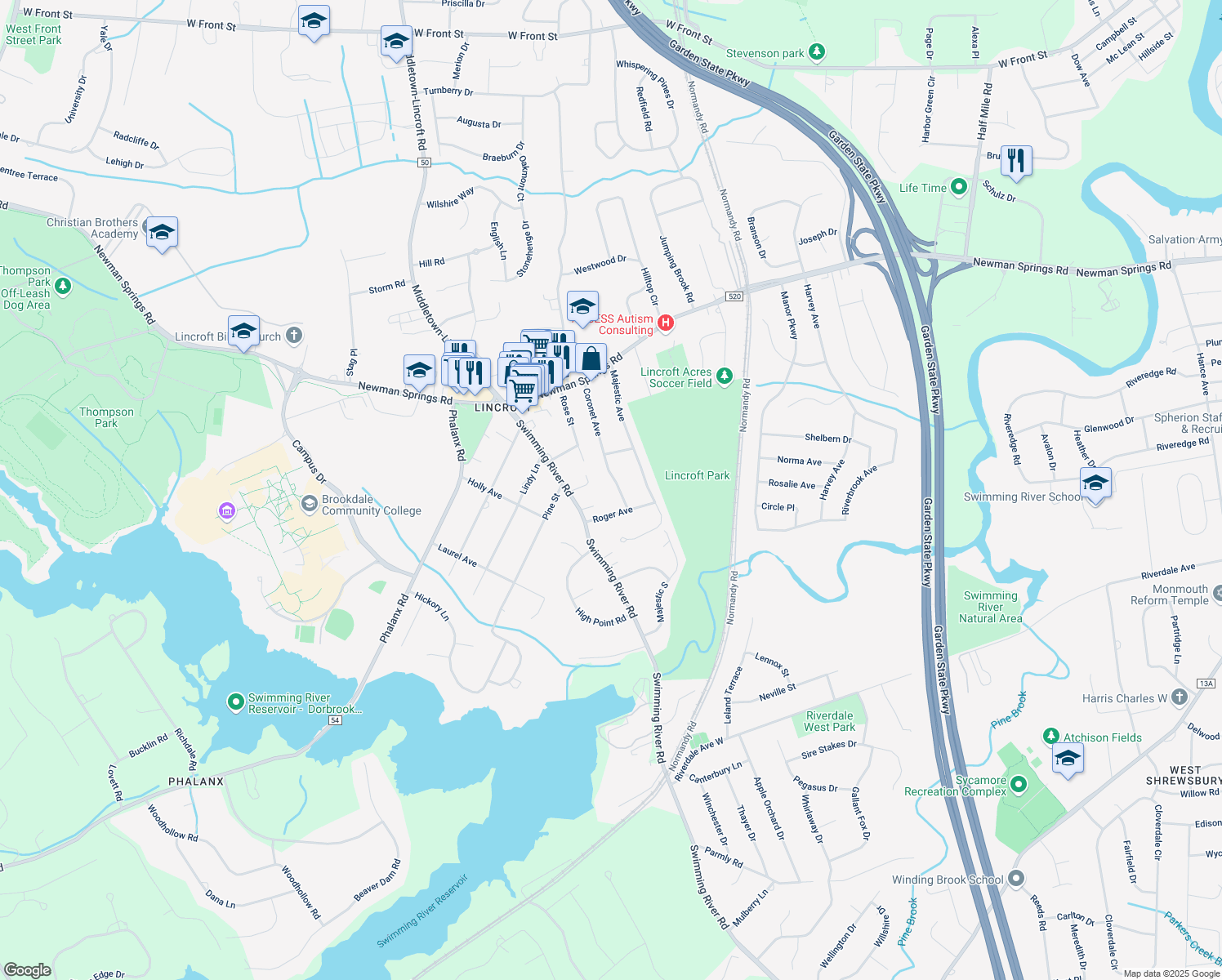 map of restaurants, bars, coffee shops, grocery stores, and more near 28 Coronet Avenue in Lincroft
