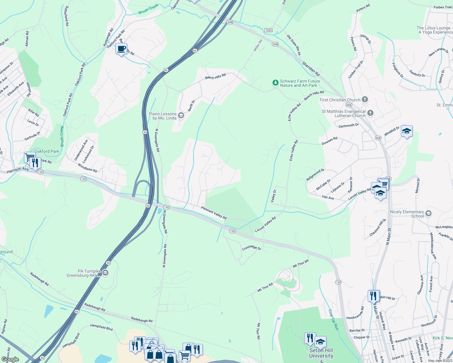 map of restaurants, bars, coffee shops, grocery stores, and more near 145 Harrold Street in Jeannette