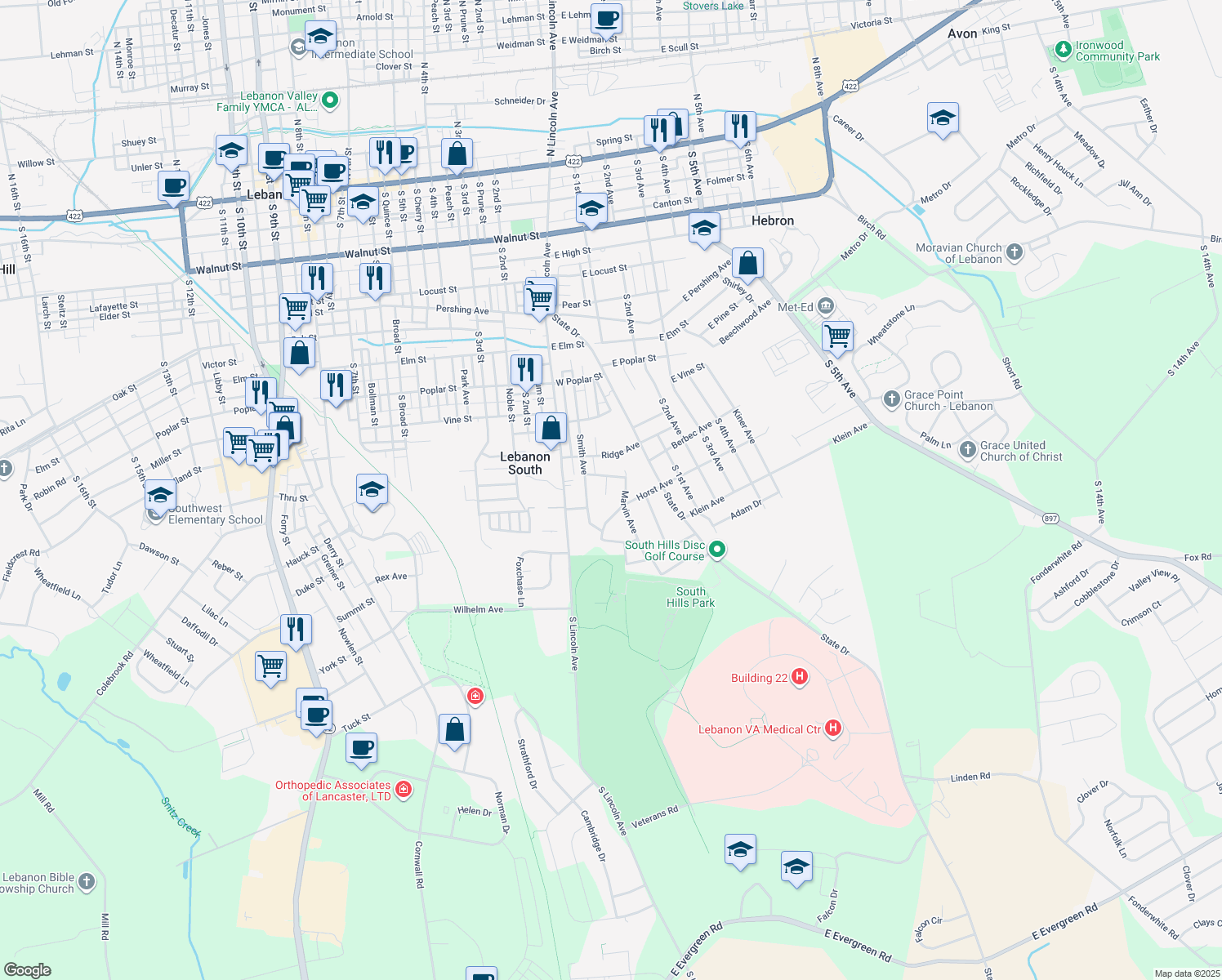 map of restaurants, bars, coffee shops, grocery stores, and more near 910 Daniels Street in Lebanon