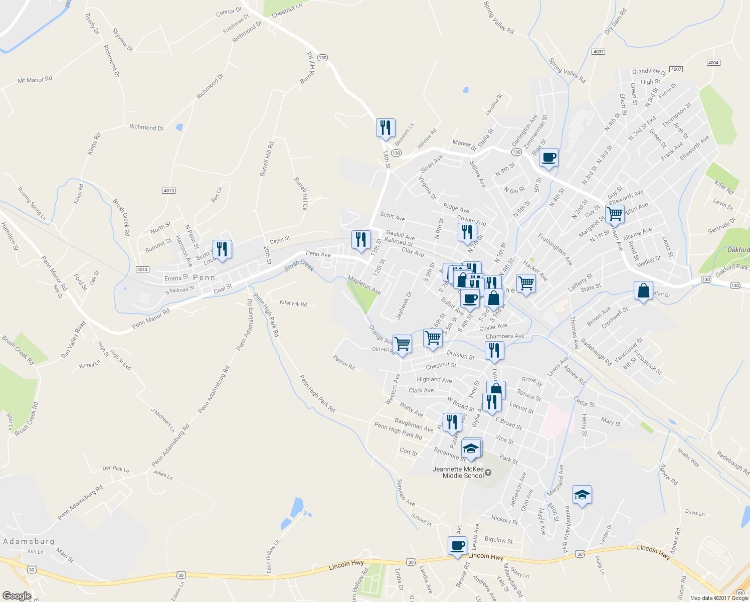 map of restaurants, bars, coffee shops, grocery stores, and more near 210 11th Street in Jeannette