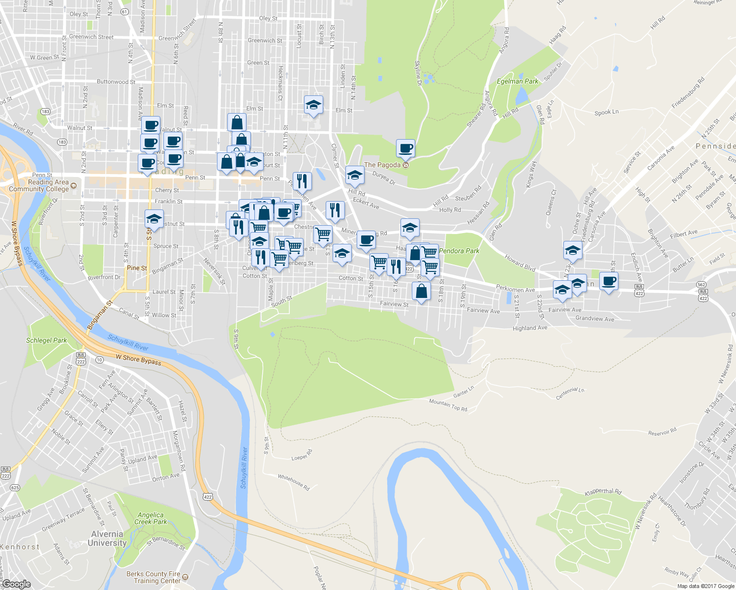 map of restaurants, bars, coffee shops, grocery stores, and more near 546 South 15th Street in Reading