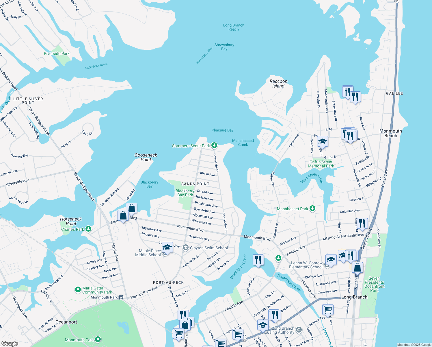 map of restaurants, bars, coffee shops, grocery stores, and more near 200 Comanche Dr in Oceanport