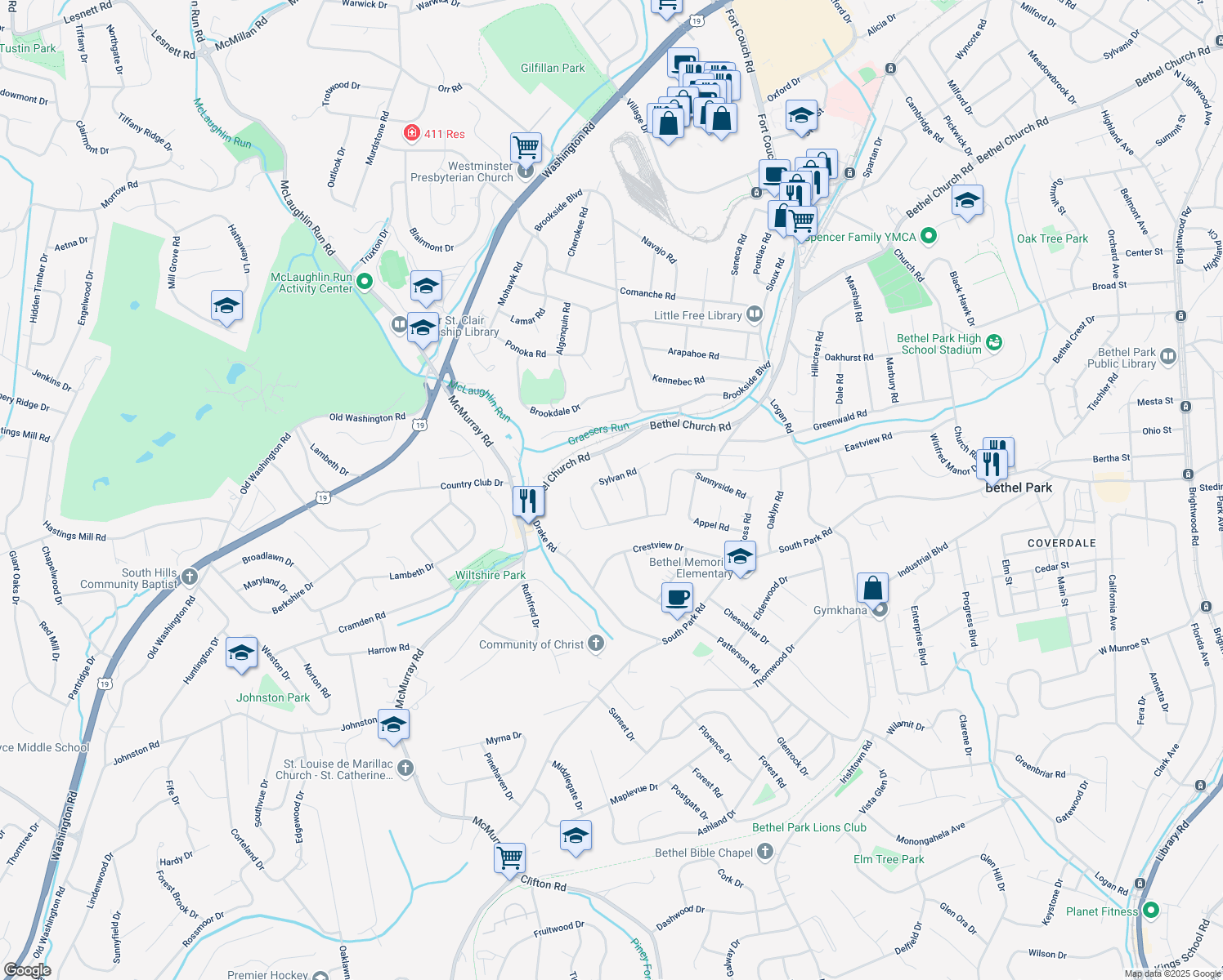 map of restaurants, bars, coffee shops, grocery stores, and more near 28 Alton Dr in Bethel Park