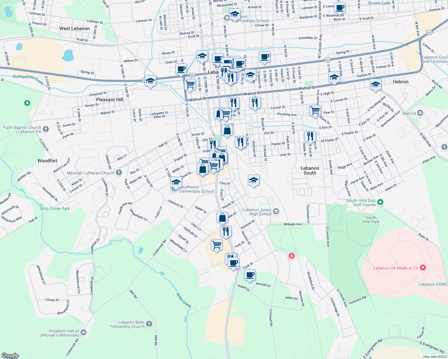 map of restaurants, bars, coffee shops, grocery stores, and more near 835 Kreider St in Lebanon
